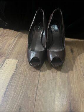 ALDO Brown Peep-Toe Platform Pumps